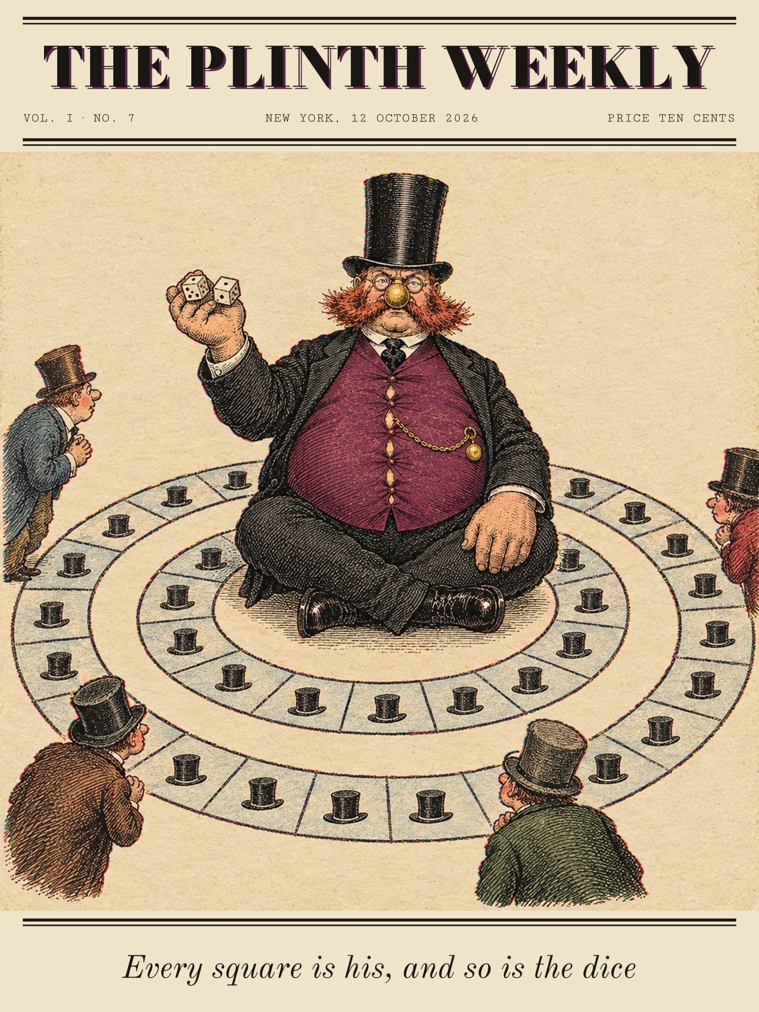 Plinth sits cross-legged at the centre of a ring-shaped board game whose every square holds his top hat, holding up the dice, while four small players look on.