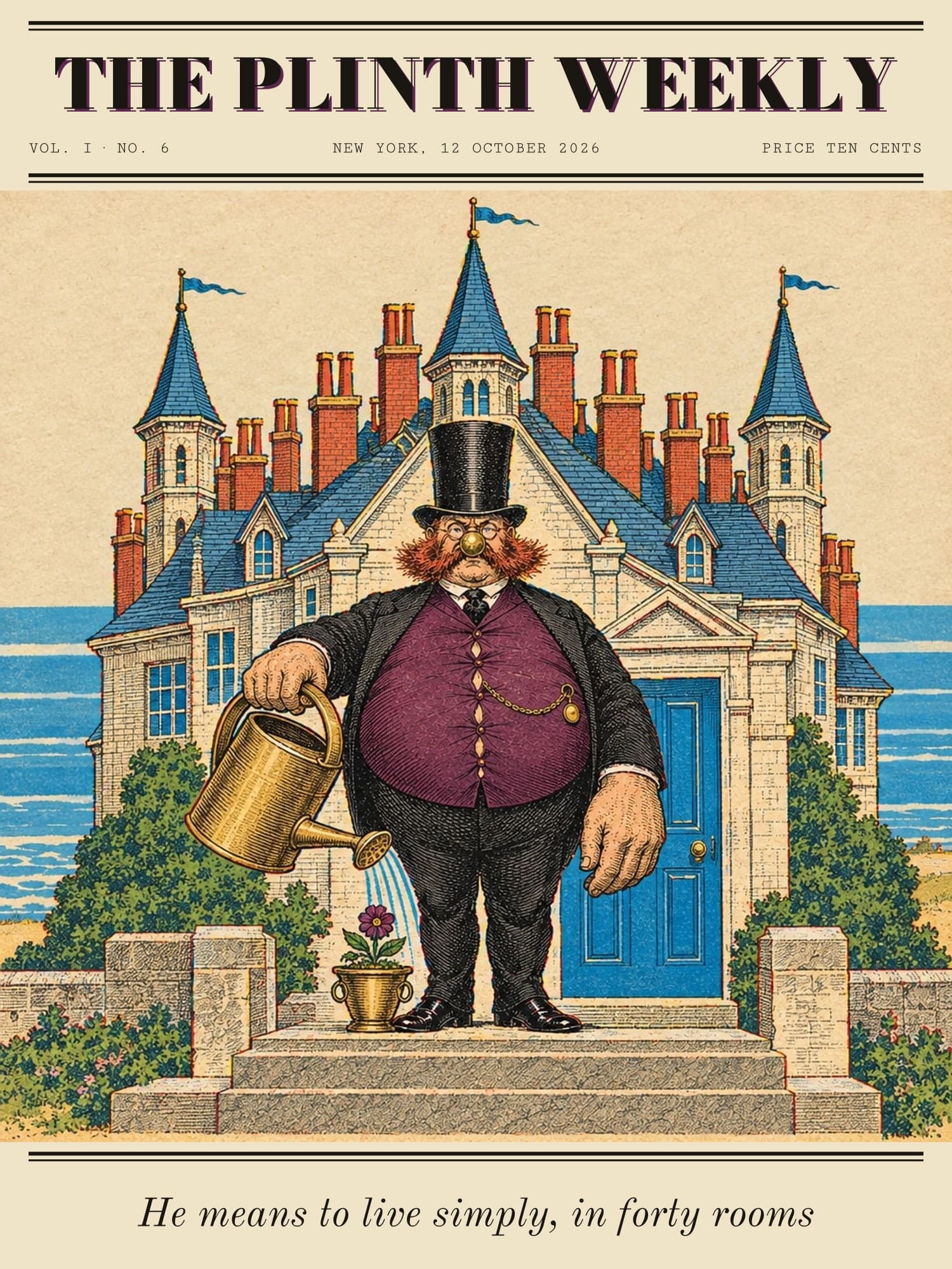 Plinth waters one small flower in a brass pot on the doorstep of a seaside mansion with towers, forty chimneys and a blue front door.