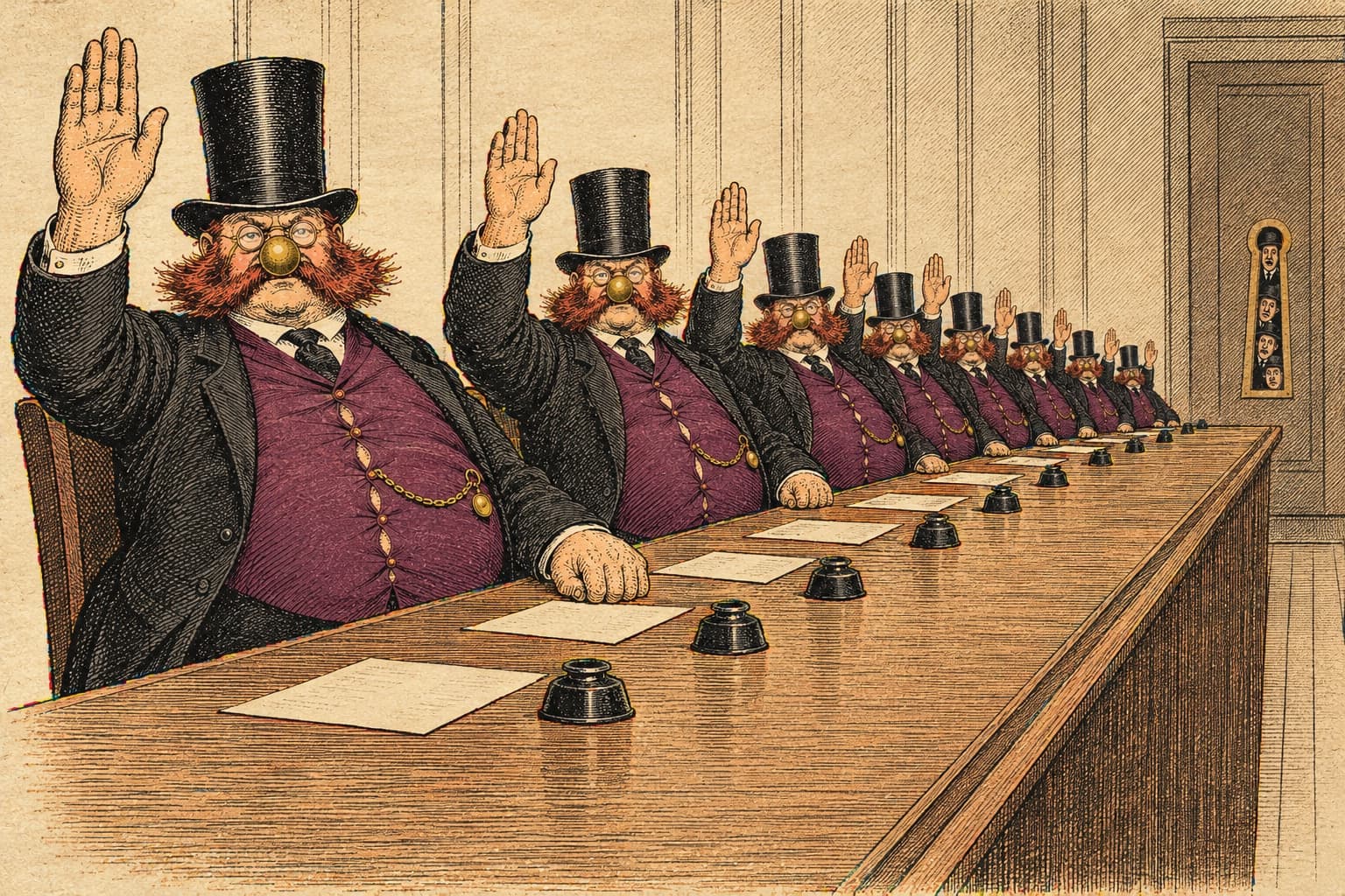 Eleven Plinths, each smaller than the last, down one long boardroom table, every right hand raised to vote yes, while shareholders peer through the keyhole of the door.