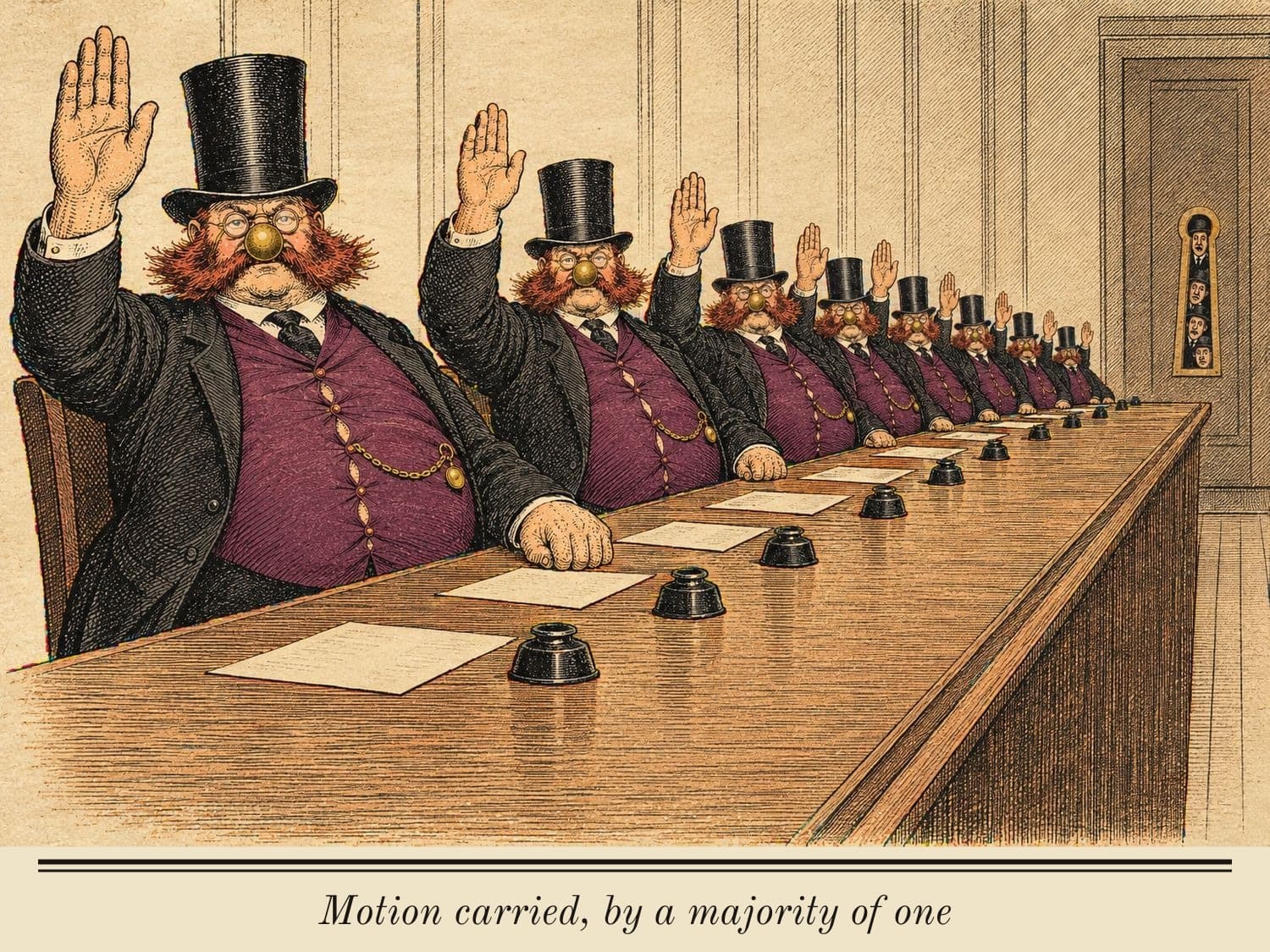 Eleven Plinths, each smaller than the last, down one long boardroom table, every right hand raised to vote yes, while shareholders peer through the keyhole of the door.