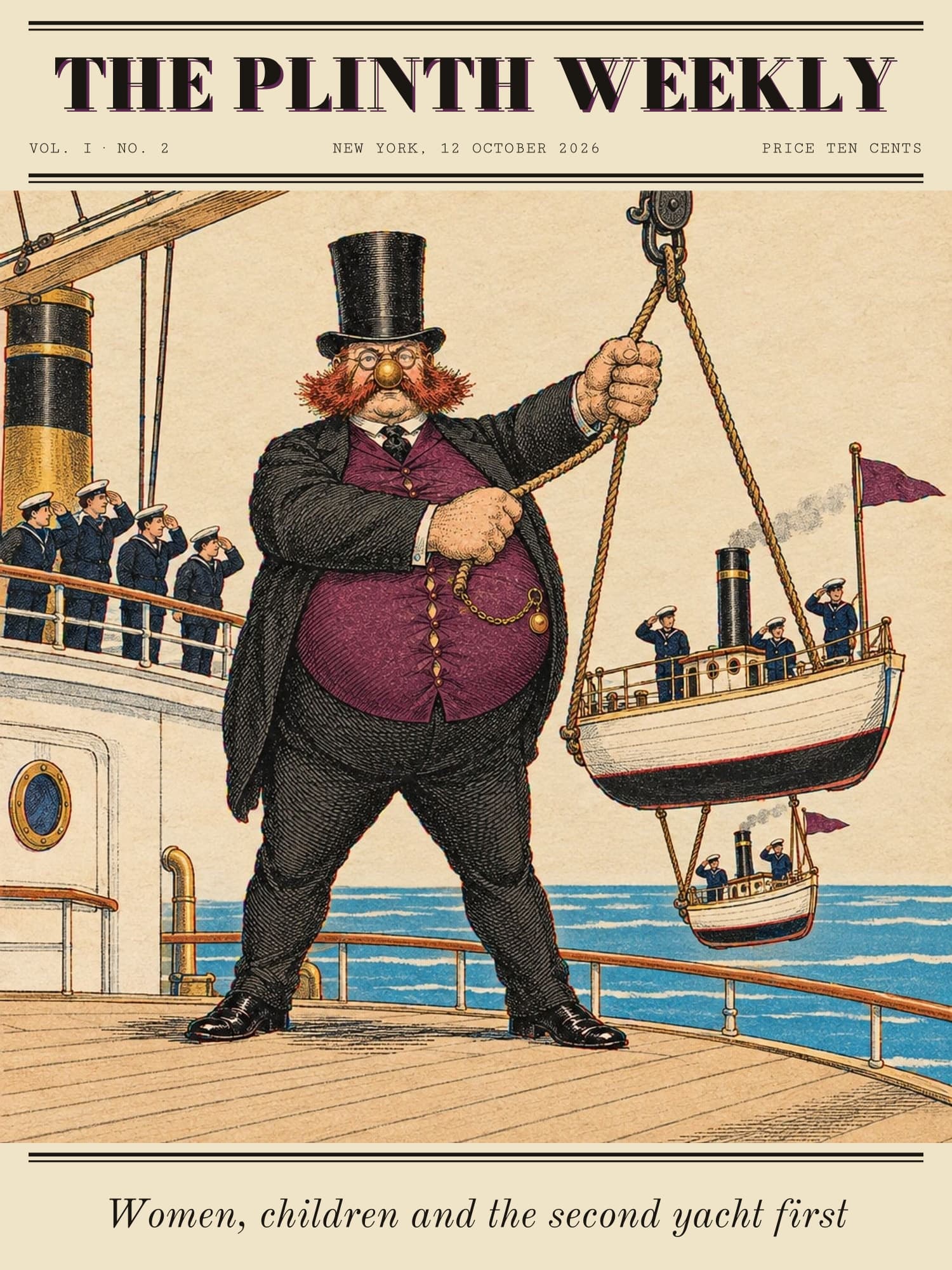Plinth, round as a barrel in a plum waistcoat, lowers a lifeboat from his steam yacht with one huge hand; the lifeboat is a smaller steam yacht, carrying a smaller lifeboat of its own.
