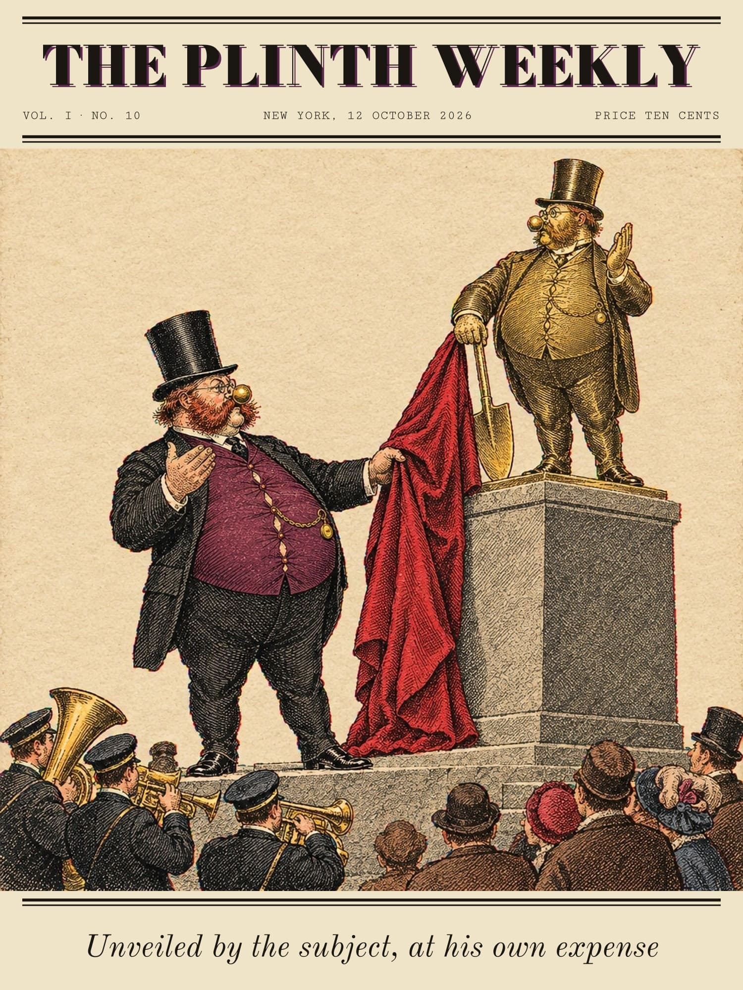 Plinth pulls a red cloth from a brass statue of himself on a stone plinth, while a brass band plays and a crowd looks up.