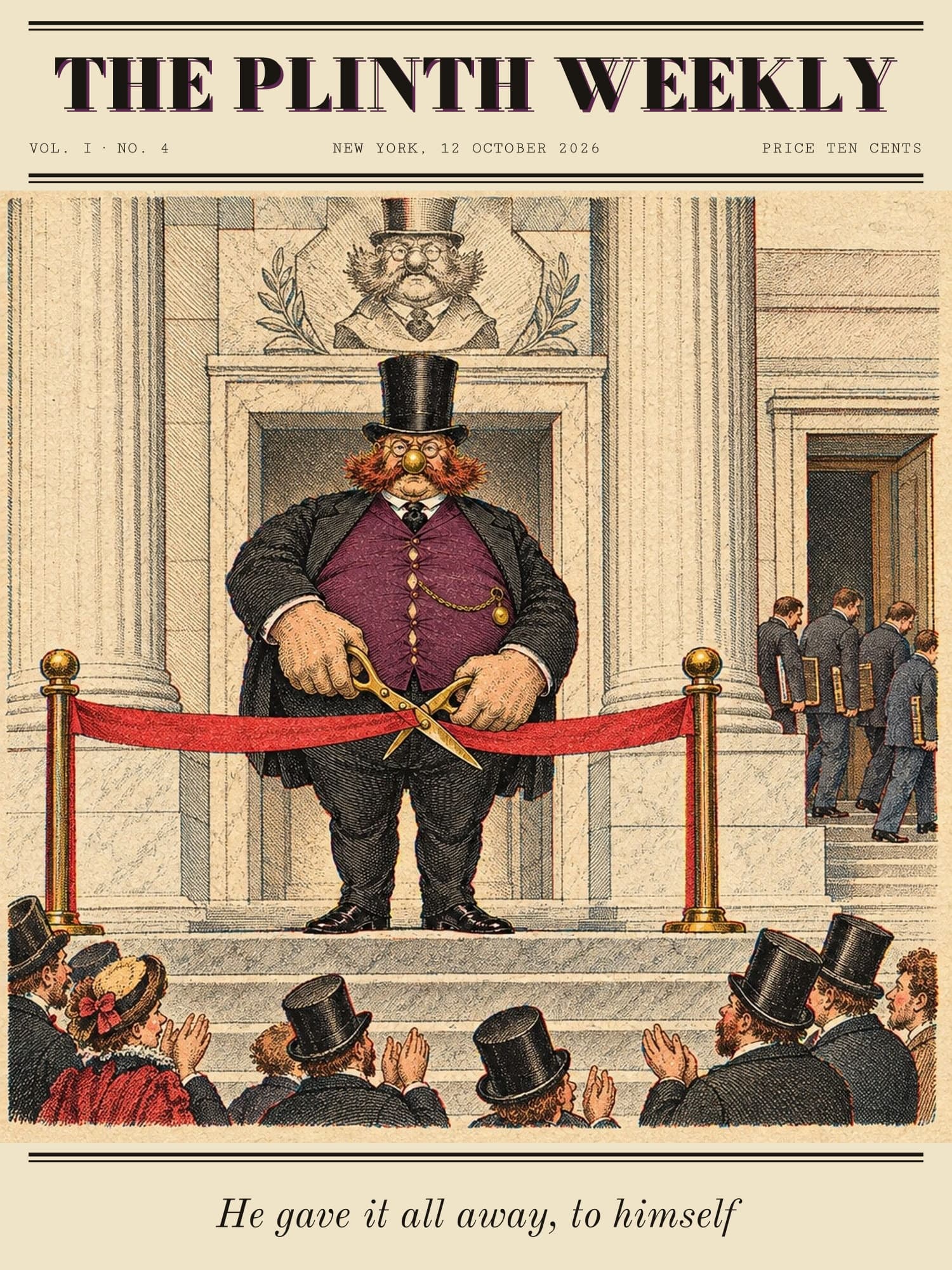 Plinth cuts a red ribbon with brass scissors on the steps of a marble hall carved with his own bust, as clerks carry ledgers in by a side door and a crowd applauds.
