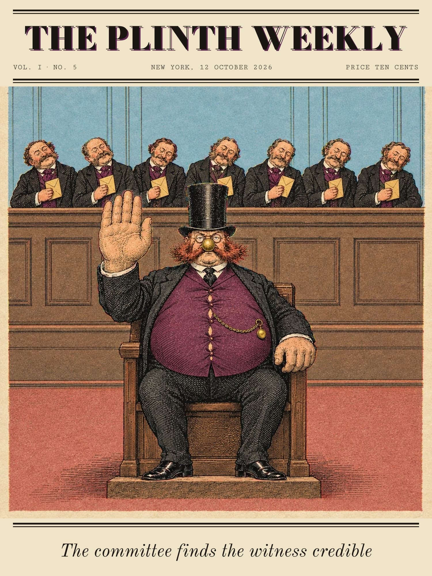 Plinth in the witness chair raises one enormous hand to take the oath, while seven small committee men on the bench behind him clutch envelopes to their chests and smile.