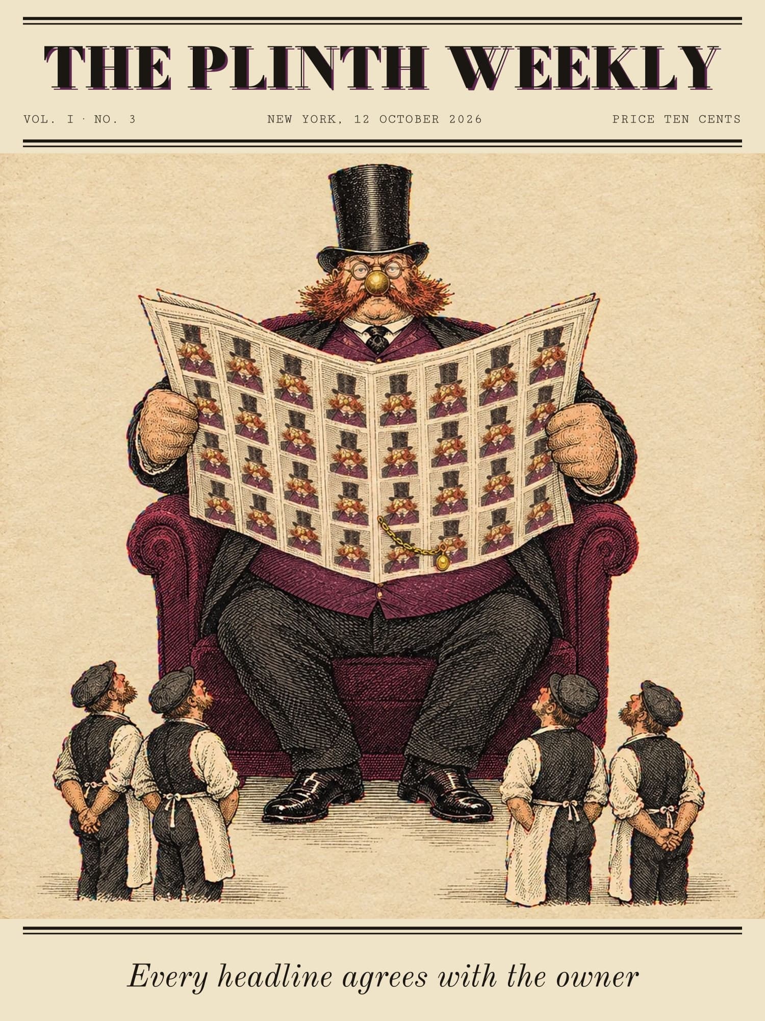 Plinth fills a plum armchair, reading a broadsheet whose every column carries his own portrait, while four small pressmen in aprons look up at him.