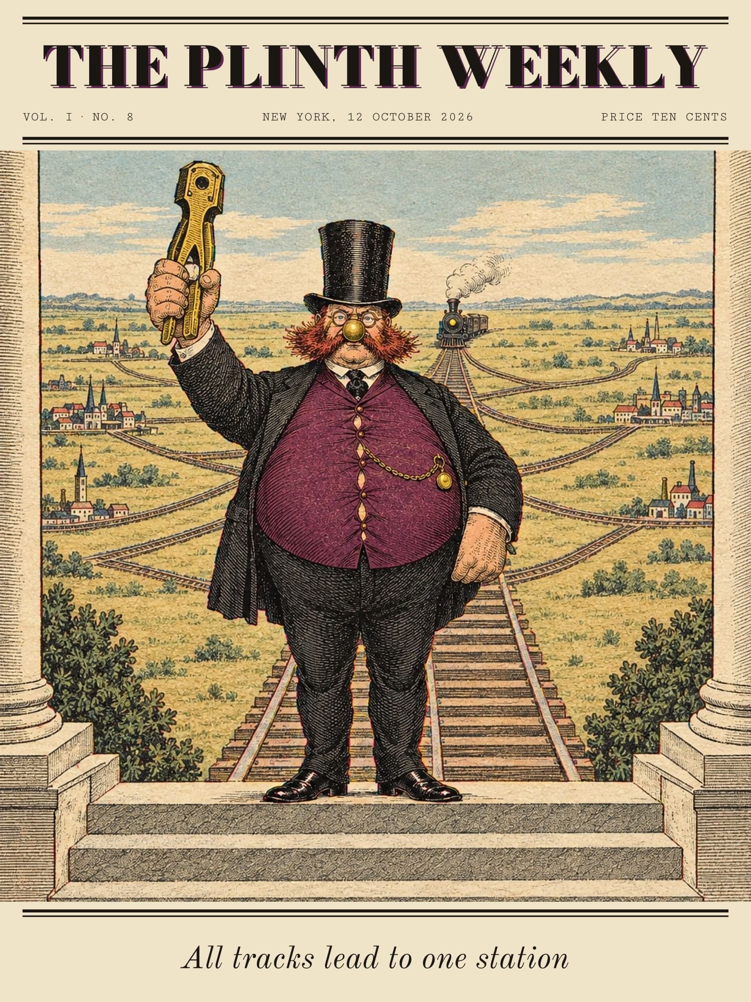 Plinth stands on his portico holding up a brass ticket punch, as every railway line across the plain behind him runs to his front steps.