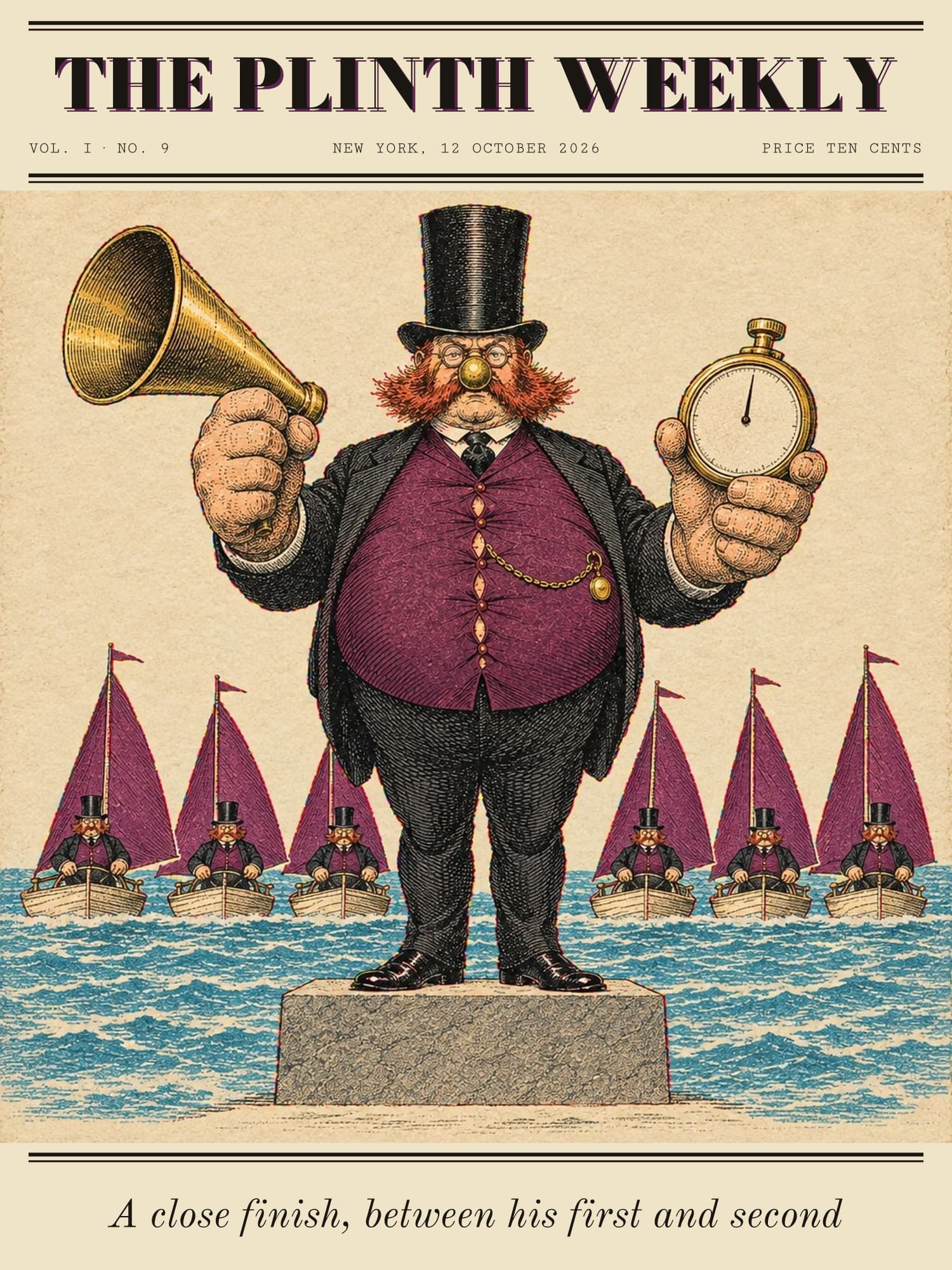 Plinth on a stone judges’ stand with a brass megaphone in one huge hand and a stopwatch in the other, as six small yachts with plum sails race behind him, each steered by a small Plinth.