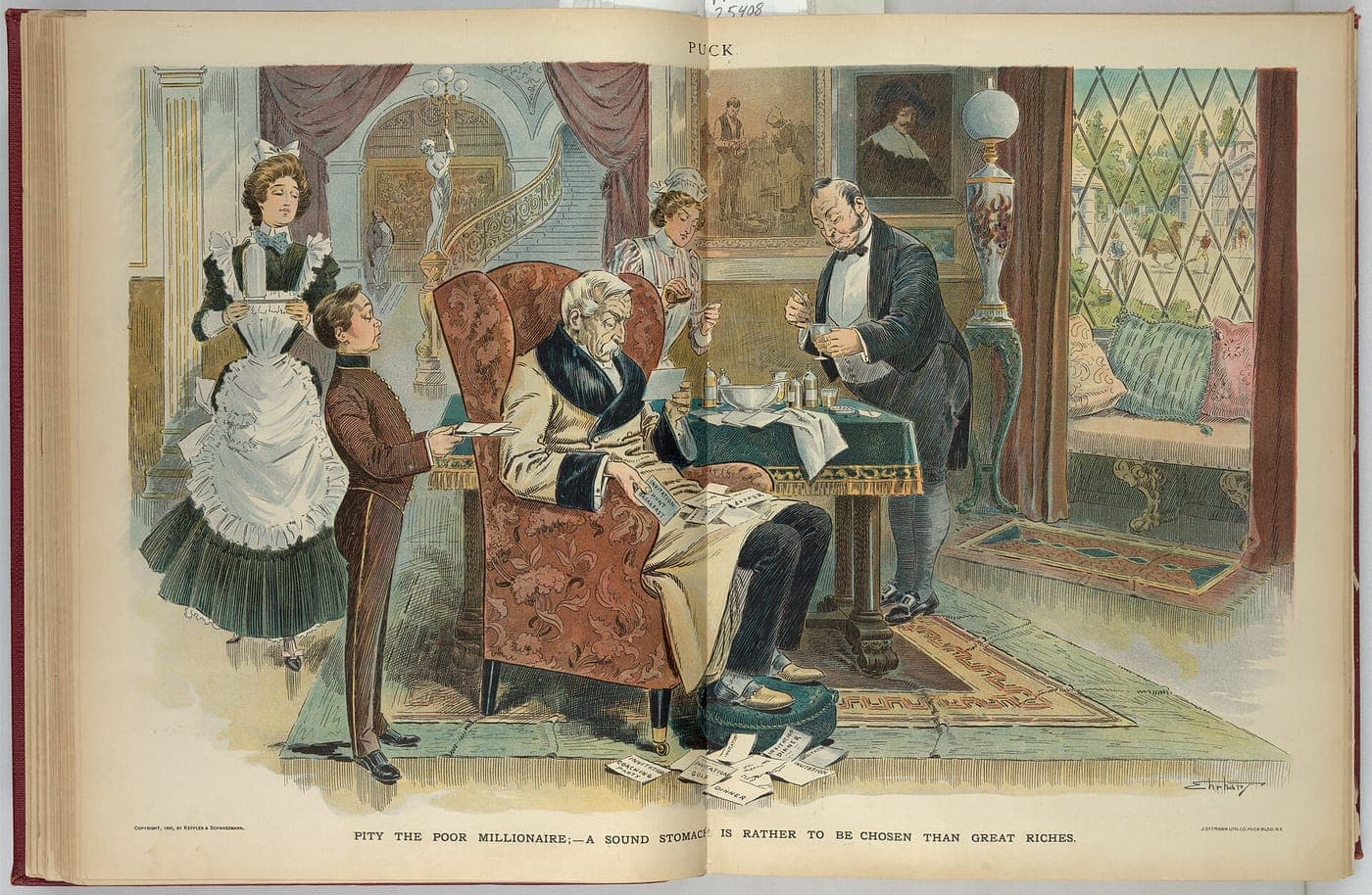 A centre spread: an old millionaire sits wrapped in a blanket over a plain supper while maids and footmen wait on him in a rich drawing room.