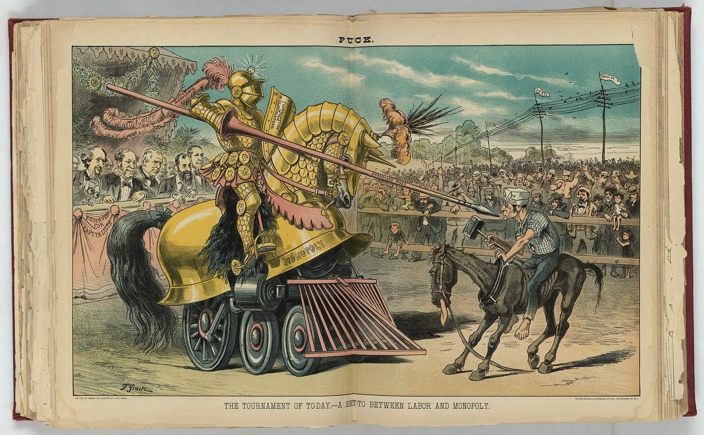 A centre spread: an armoured knight riding a gilded locomotive charges a working man on a thin horse, before grandstands packed with spectators.