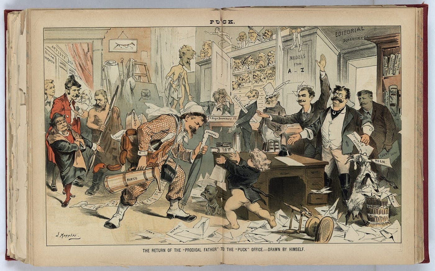 A centre spread from a bound volume of Puck: the founder bursts back into a crowded editorial office, papers flying, his staff and his cartoon characters crowding to greet him.