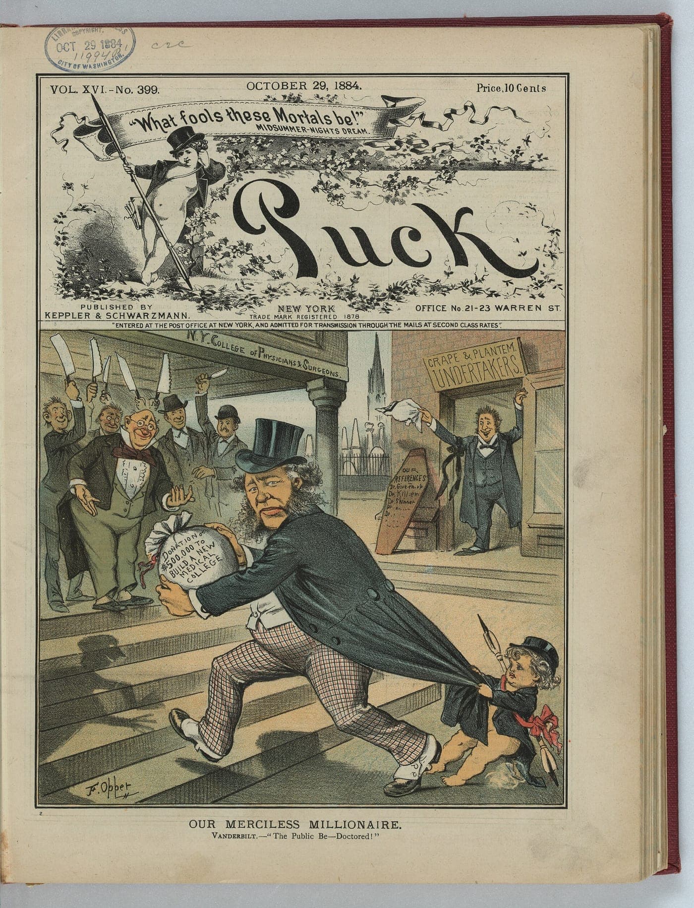 A Puck front cover under its ornate masthead: a top-hatted millionaire strides off clutching a sack while a small figure hangs on to his coat tails.