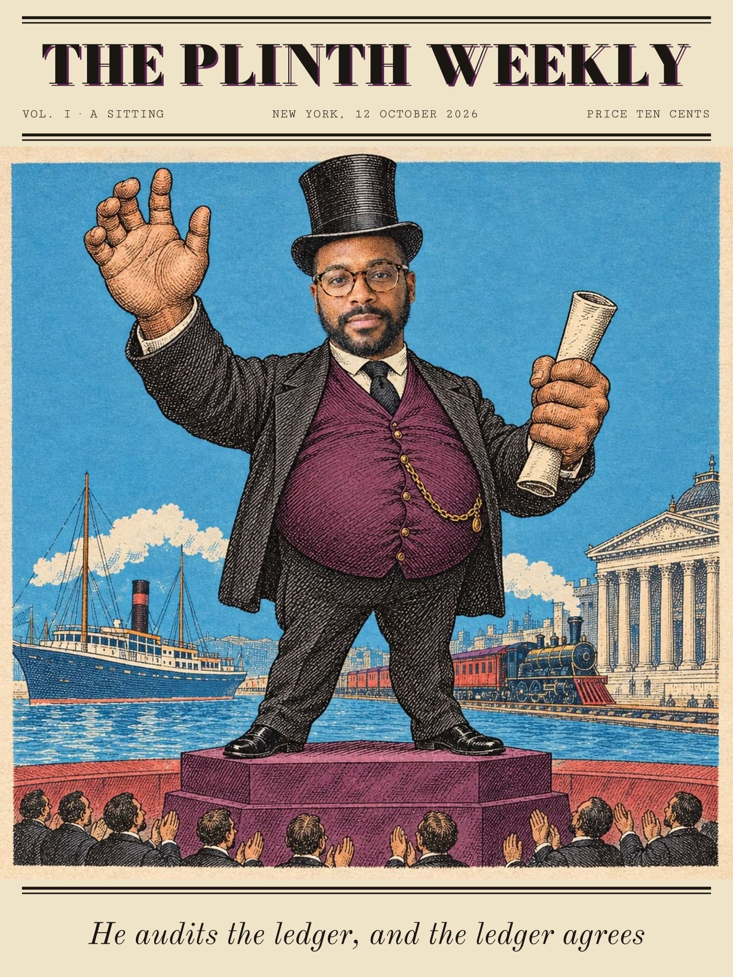 Tobias, a sitter we invented, as the magnate on a chromolithograph cover: his own face under a stovepipe hat, a plum waistcoat stretched over a belly drawn as a perfect circle, one enormous hand raised, standing on a plinth before a steamship, a train and an applauding crowd.