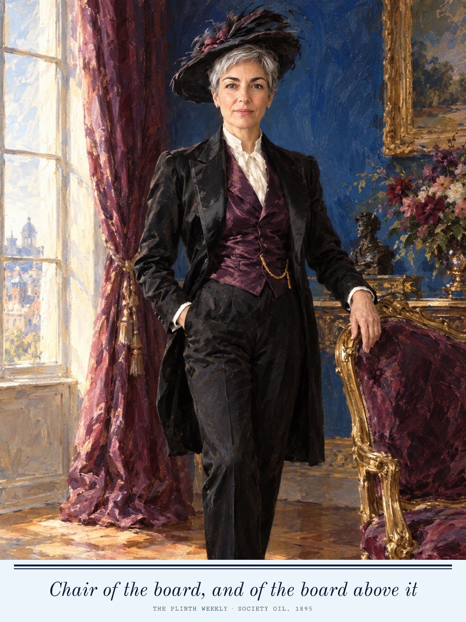 Ada, a sitter we invented, painted full length in the manner of an 1890s society portrait: a black frock coat and plum waistcoat, one hand on a gilt chair beside a tall window.